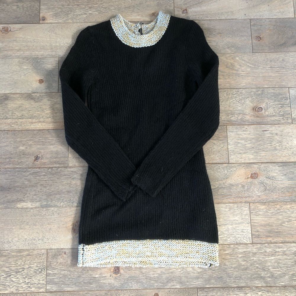 Black Sweater Dress with Metallic Trim and Hem Detail Size S